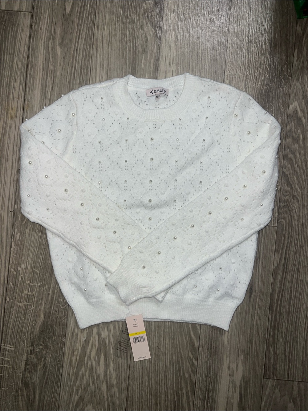 White/Cream Pearl-Embellished Eyelet Sweater
